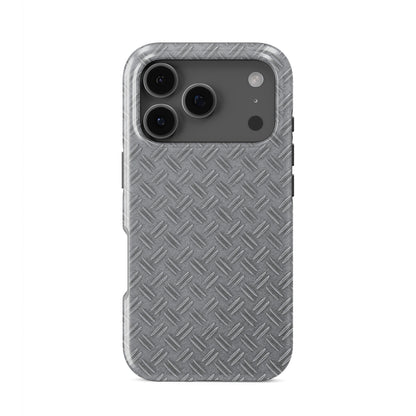 Grey industrial tread plate pattern printed as a flat design for modern tech accessories.