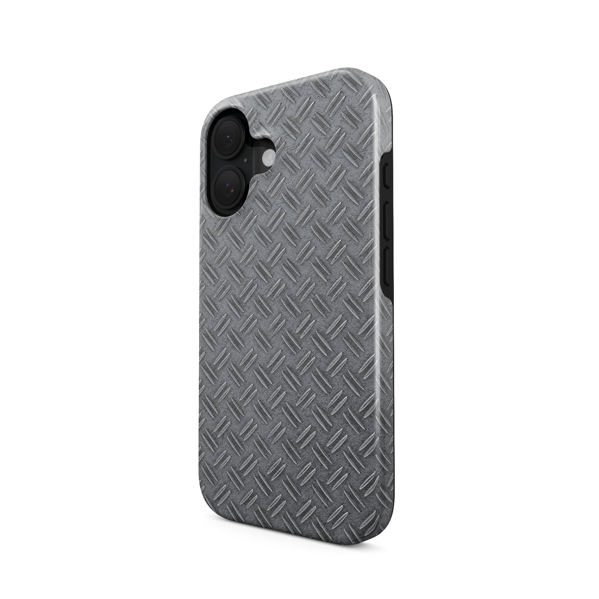 Grey industrial tread plate pattern printed as a flat design for modern tech accessories.