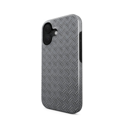 Grey industrial tread plate pattern printed as a flat design for modern tech accessories.