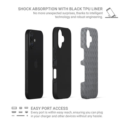 Grey industrial tread plate pattern printed as a flat design for modern tech accessories.