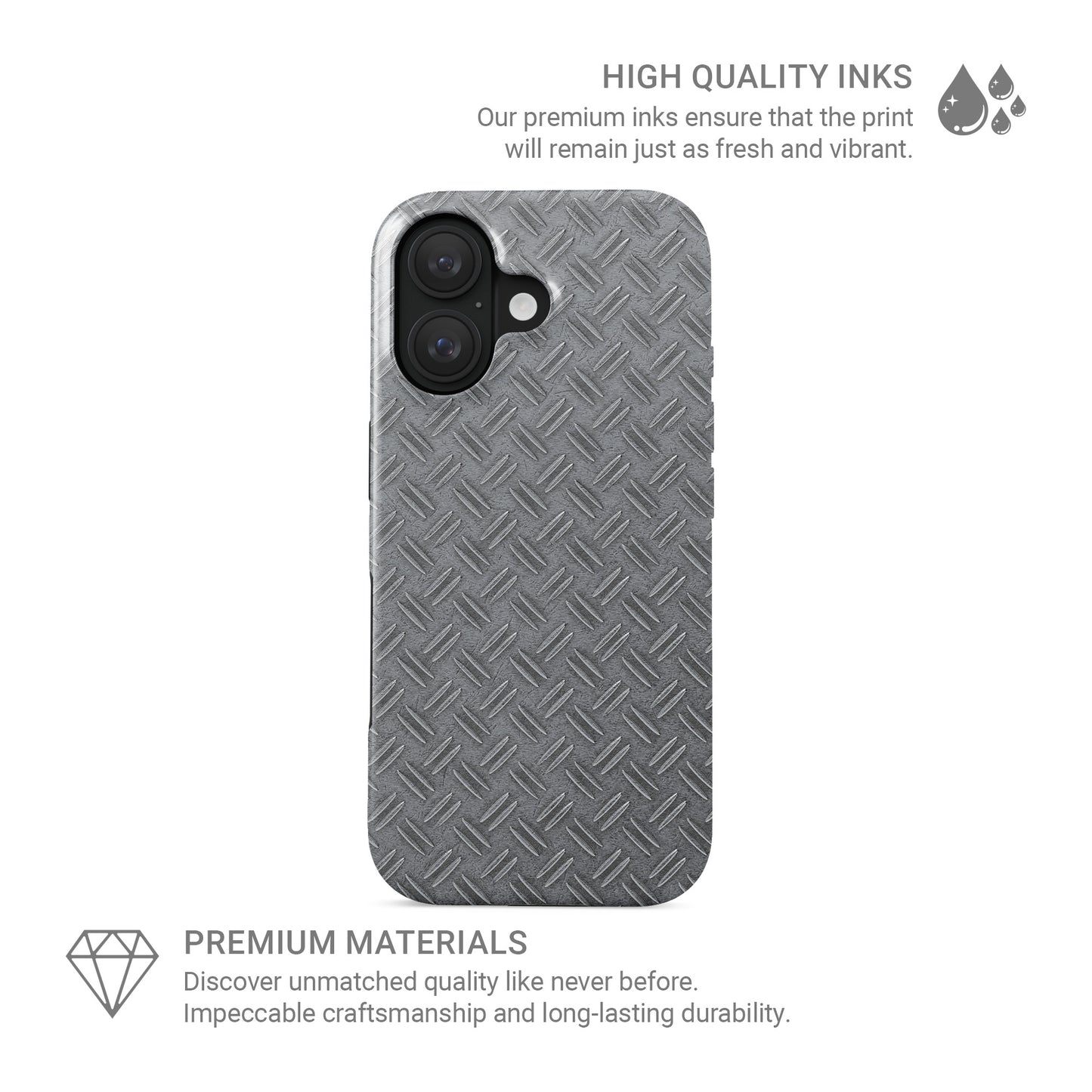 Grey industrial tread plate pattern printed as a flat design for modern tech accessories.