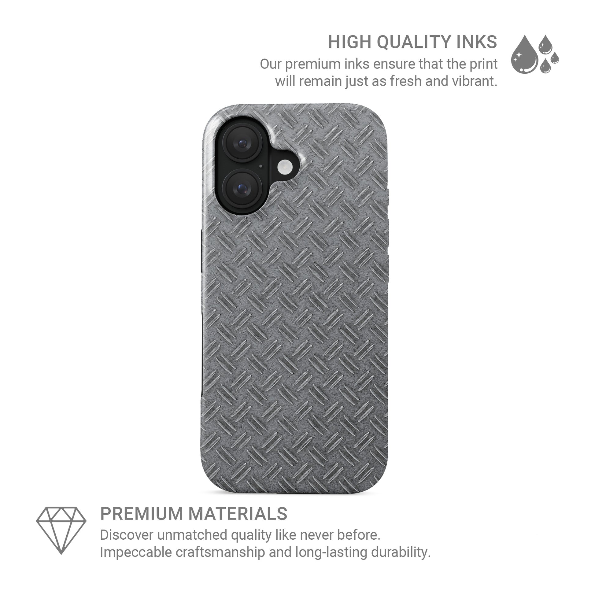 Grey industrial tread plate pattern printed as a flat design for modern tech accessories.