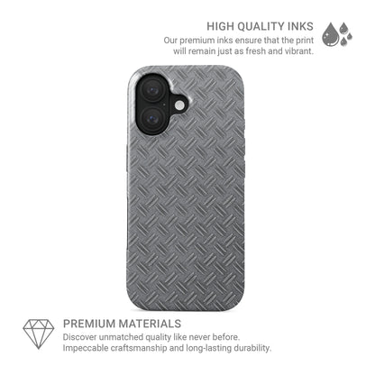 Grey industrial tread plate pattern printed as a flat design for modern tech accessories.