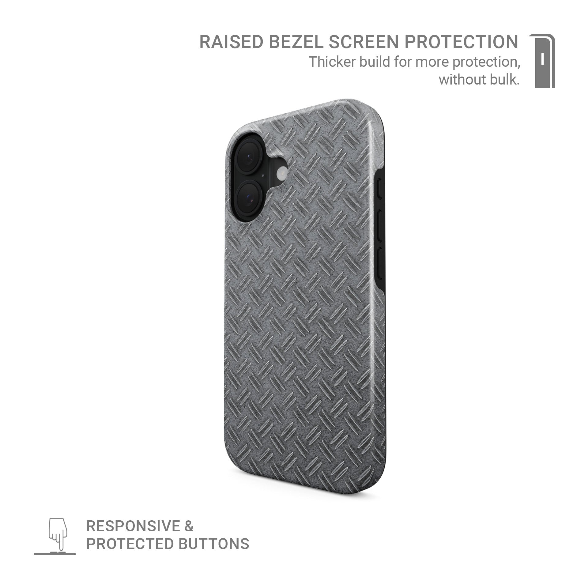 Grey industrial tread plate pattern printed as a flat design for modern tech accessories.