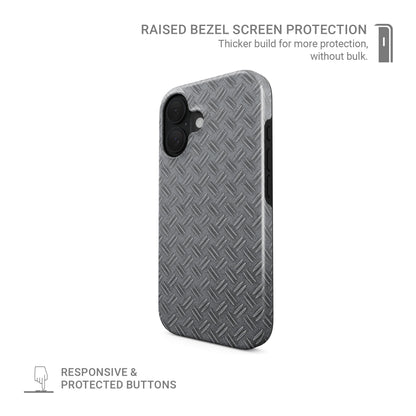 Grey industrial tread plate pattern printed as a flat design for modern tech accessories.