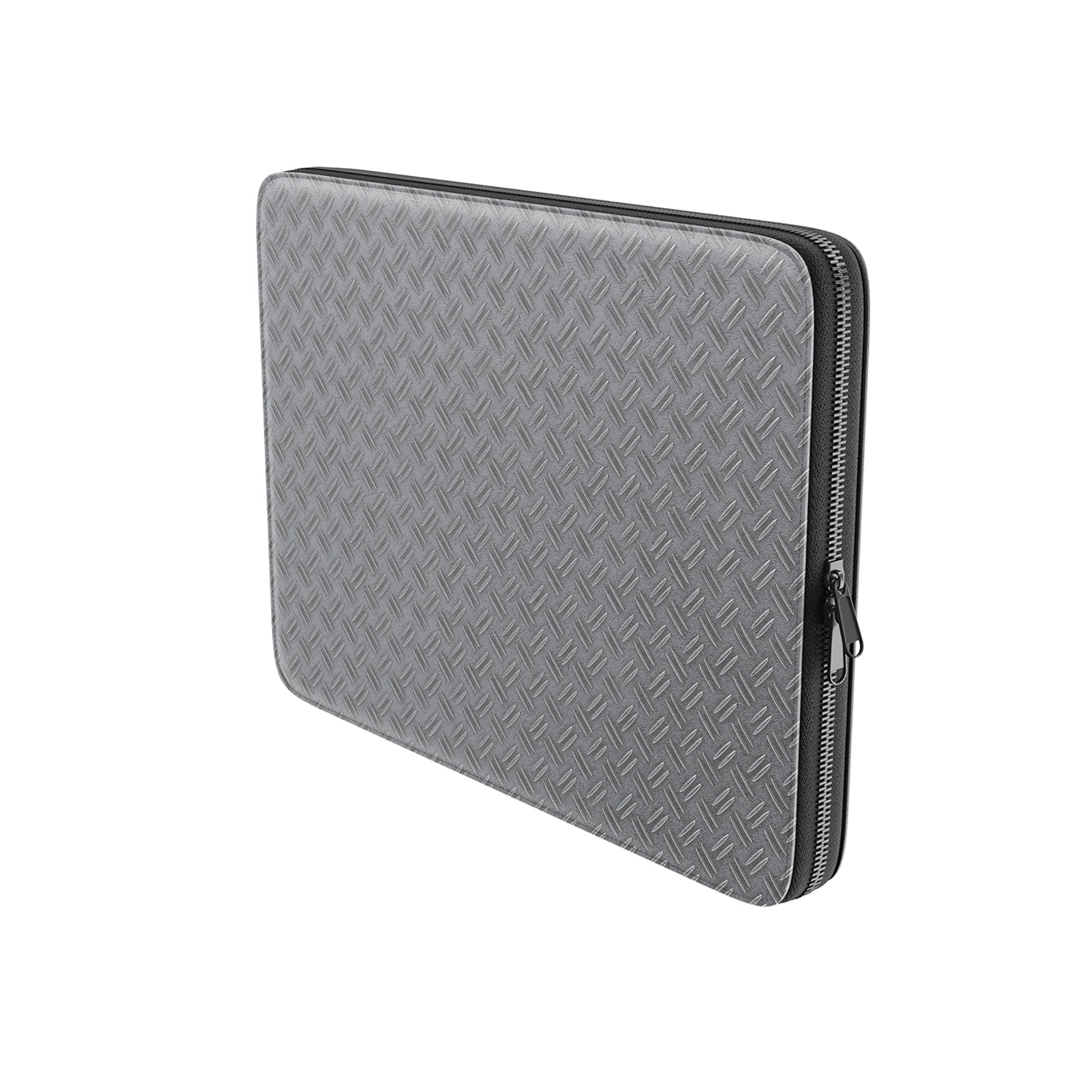 Titan Treadwork laptop sleeve with grey industrial tread plate print, slim vegan leather design and metal zip closure on protective padded case