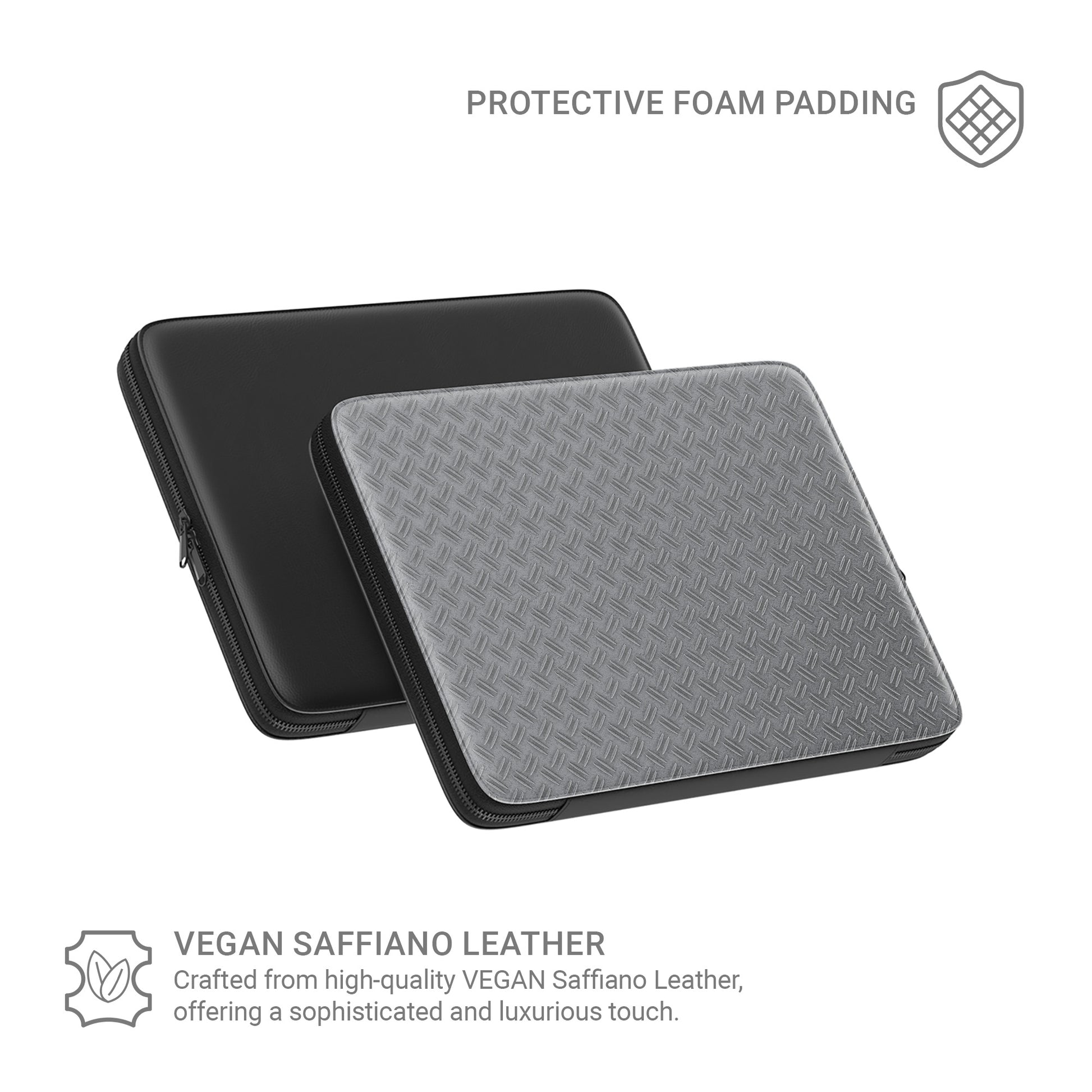 Titan Treadwork laptop sleeve with grey industrial tread plate print, slim vegan leather design and metal zip closure on protective padded case