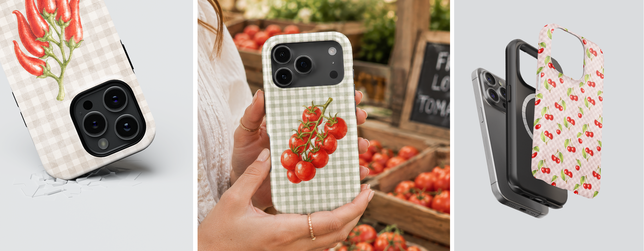 Sage green gingham tough iPhone case with watercolour tomatoes, shown at a farmers market alongside a pink cherry case and protective case layers.