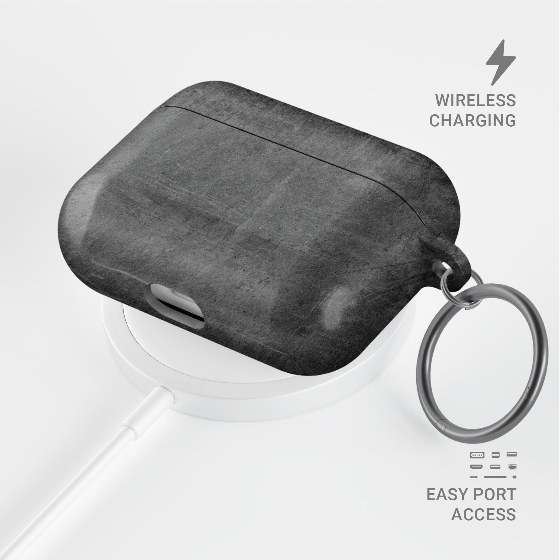 Urban Slate AirPods tough case with grey concrete texture and glossy hard shell finish