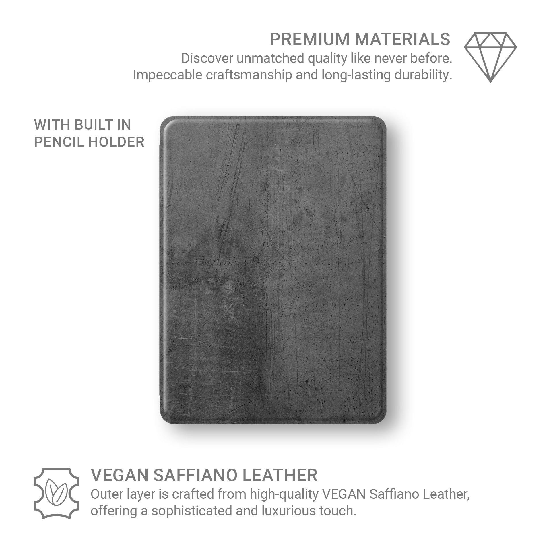 Urban Slate Apple iPad case with concrete style texture, vegan leather finish and Apple Pencil holder