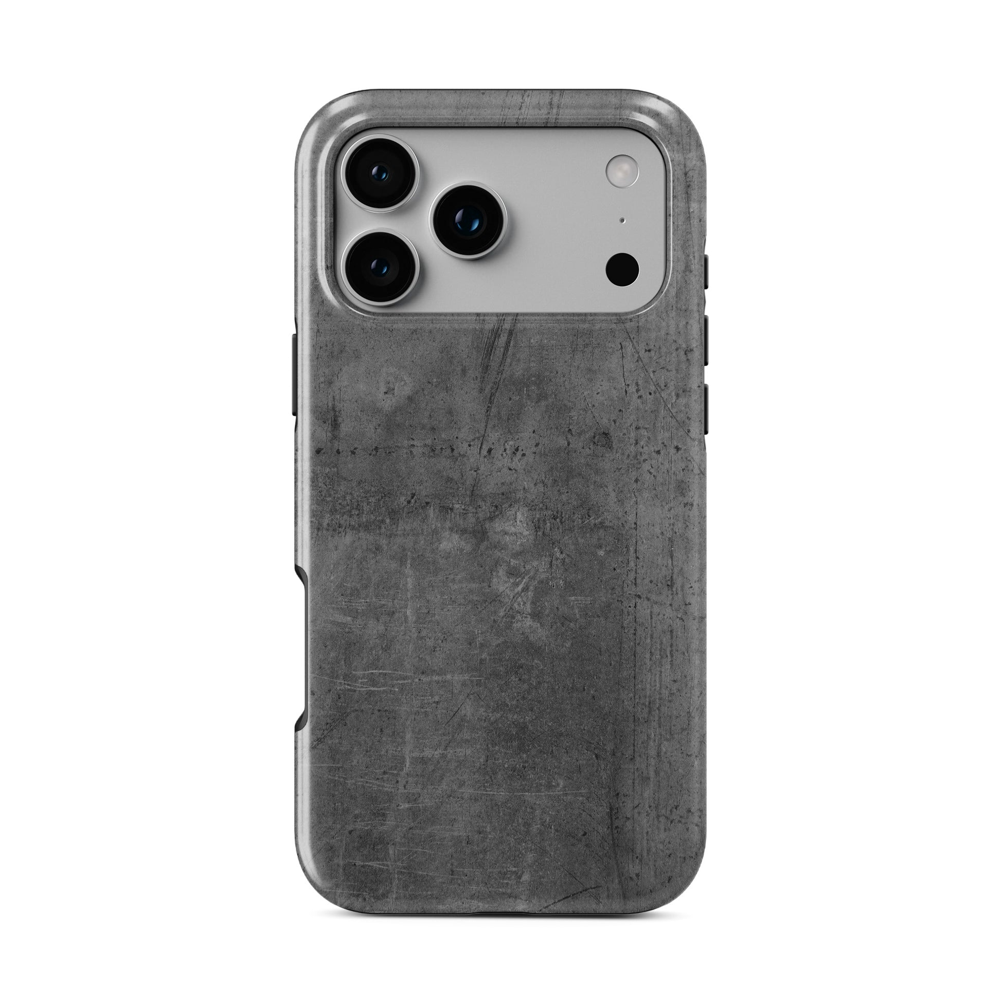 Grey concrete textured MagSafe tough phone case with glossy finish and dual layer protection