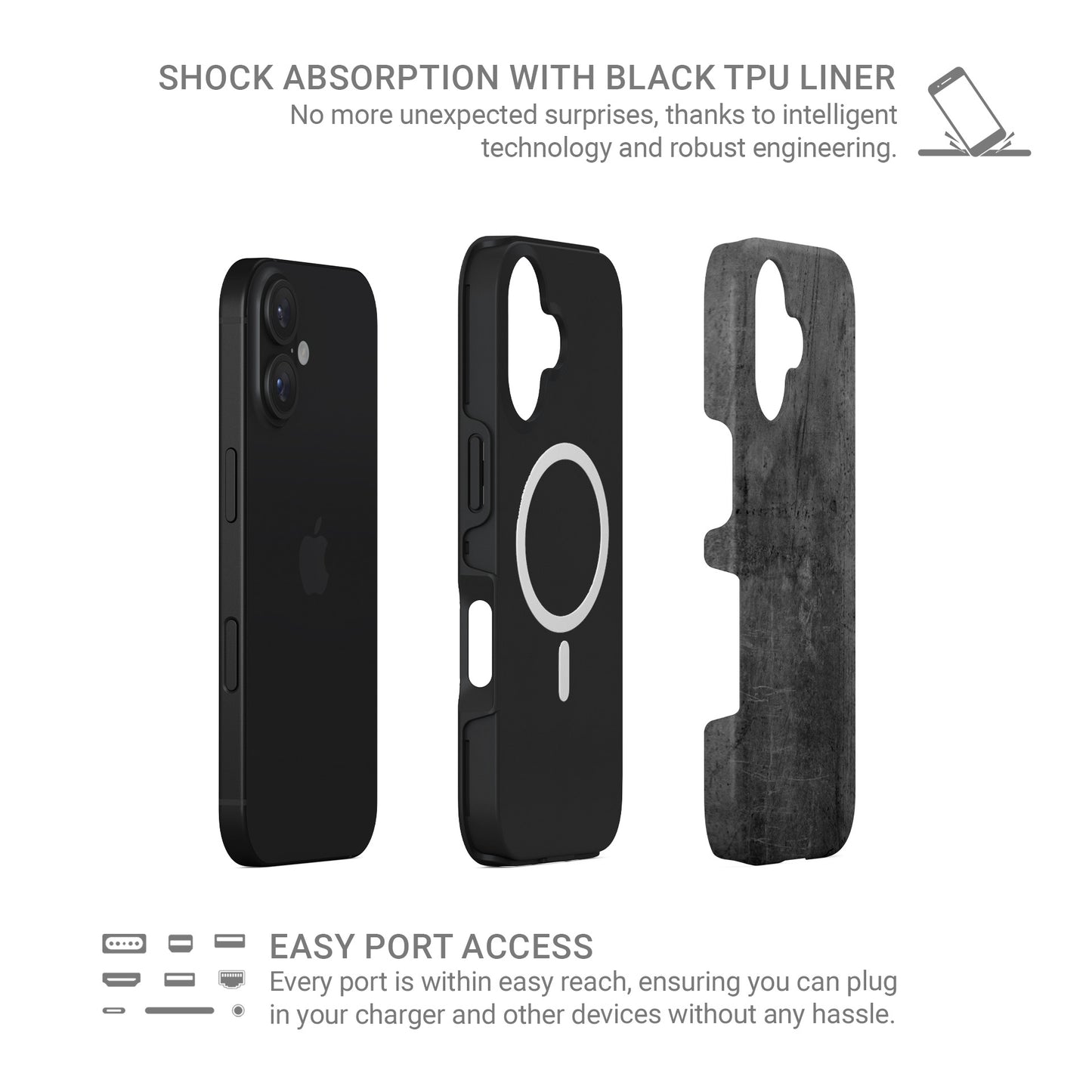 Grey concrete textured MagSafe tough phone case with glossy finish and dual layer protection