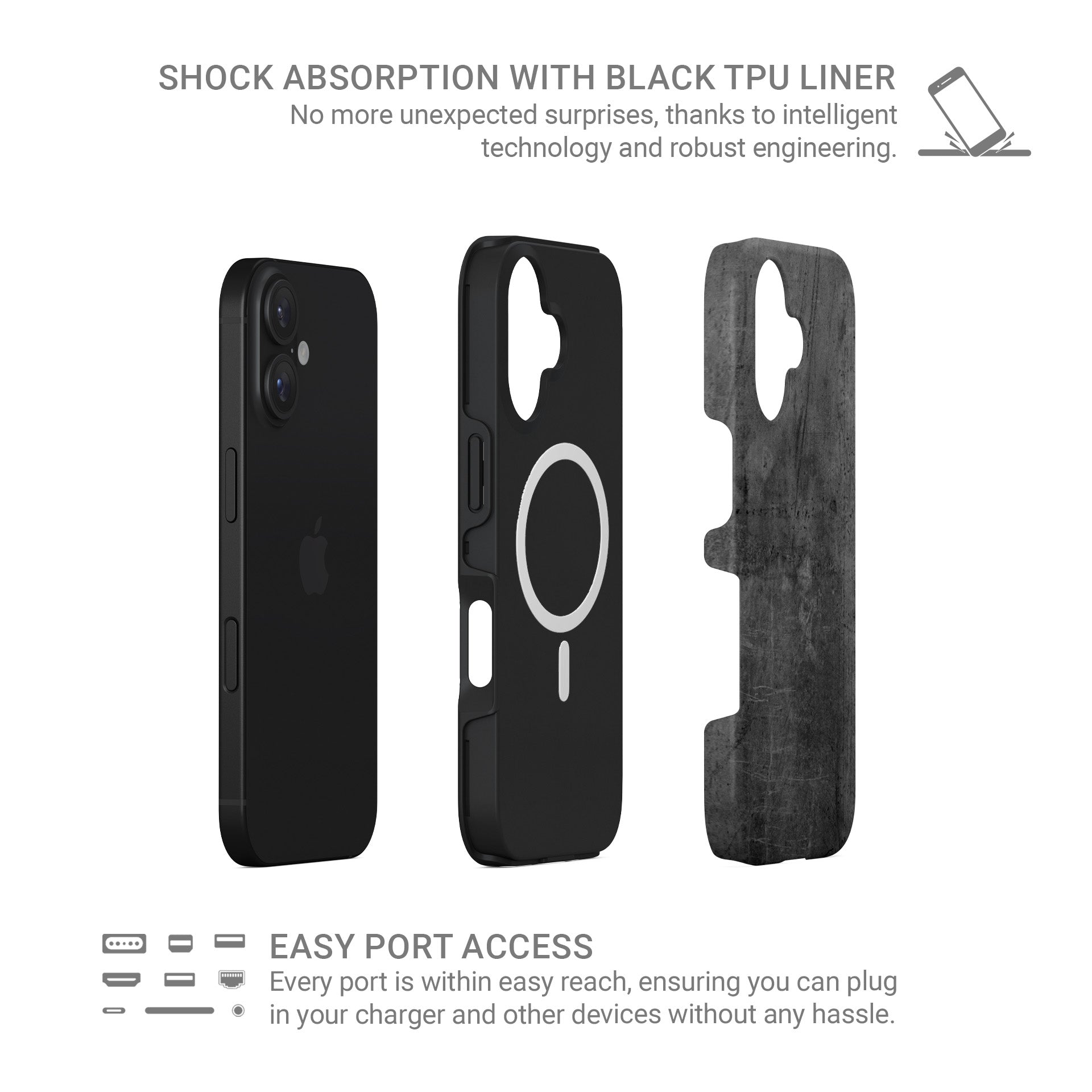 Grey concrete textured MagSafe tough phone case with glossy finish and dual layer protection