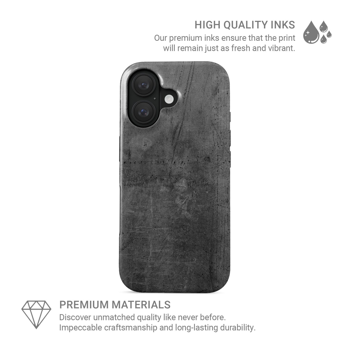 Grey concrete textured MagSafe tough phone case with glossy finish and dual layer protection