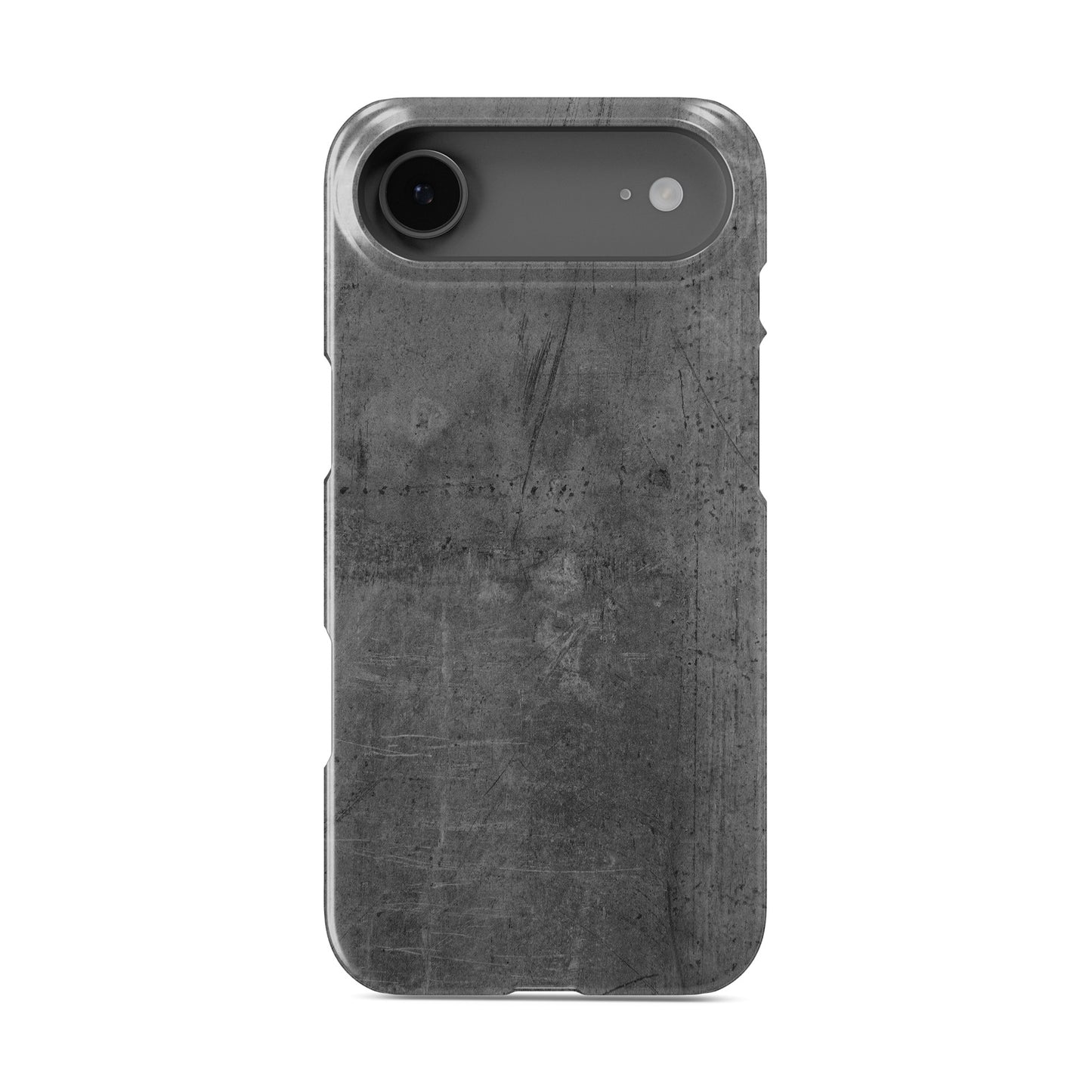 Grey concrete textured slim snap phone case with subtle industrial markings and a glossy finish