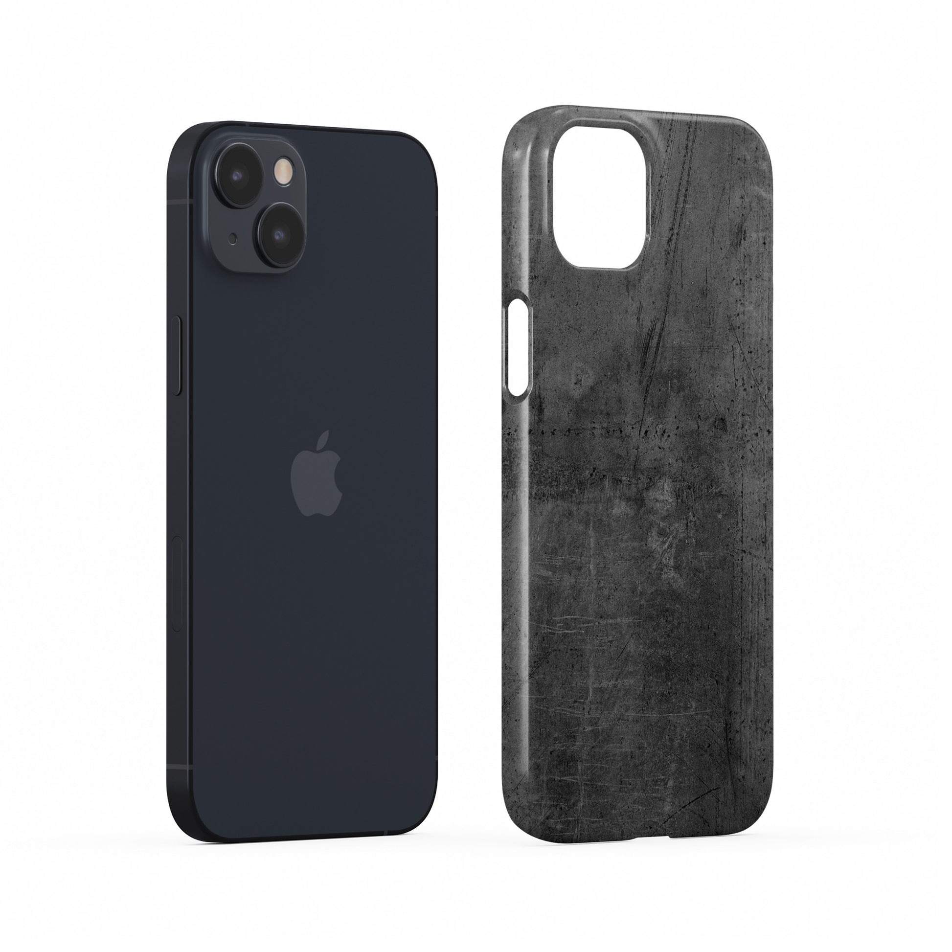 Grey concrete textured slim snap phone case with subtle industrial markings and a glossy finish
