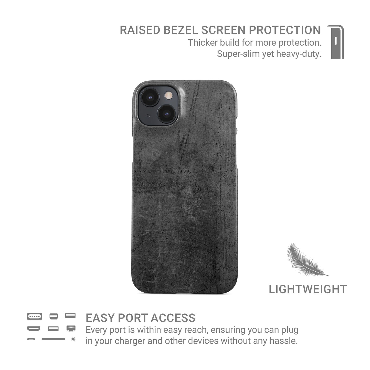 Grey concrete textured slim snap phone case with subtle industrial markings and a glossy finish