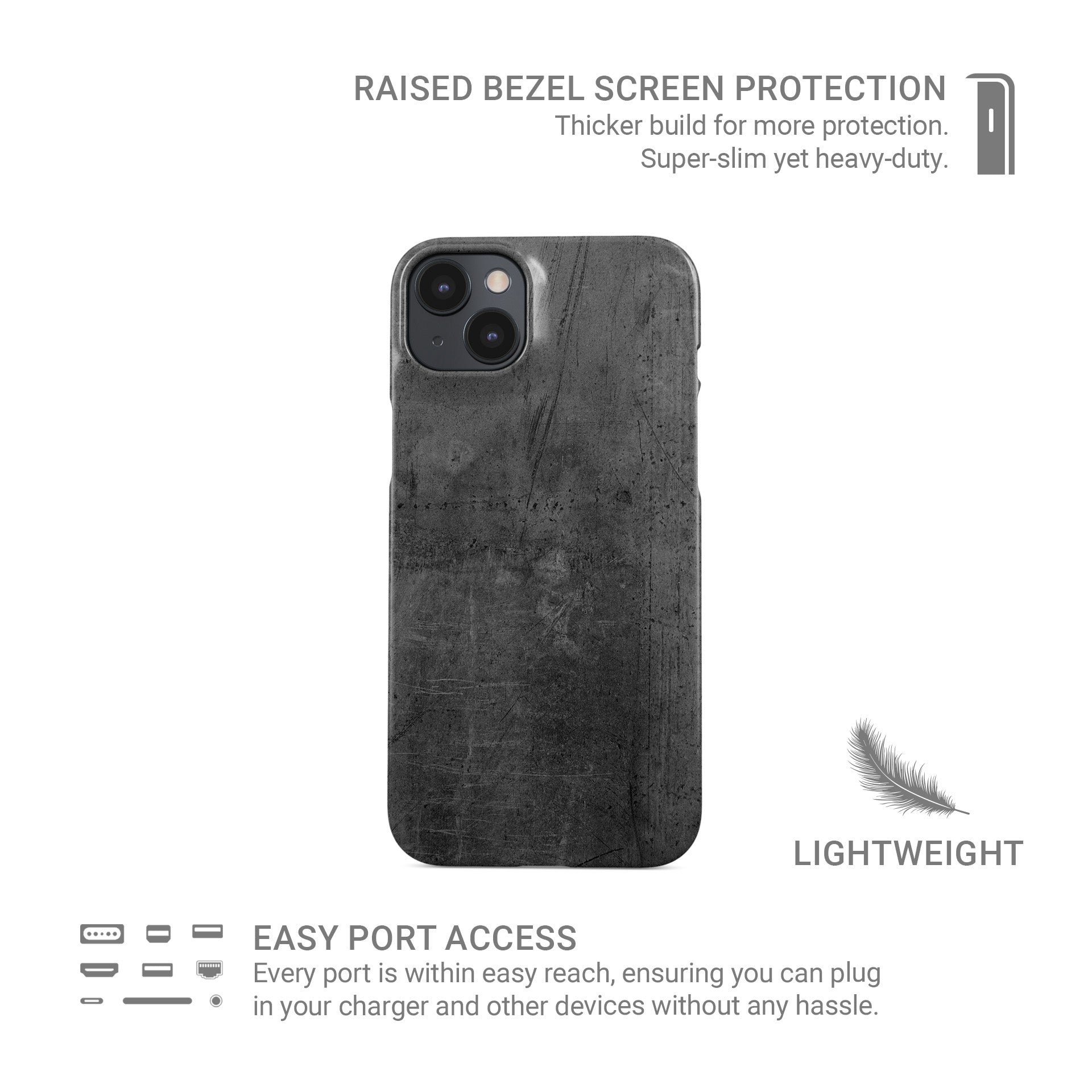 Grey concrete textured slim snap phone case with subtle industrial markings and a glossy finish