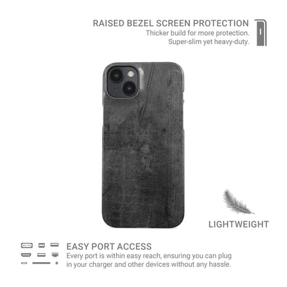 Grey concrete textured slim snap phone case with subtle industrial markings and a glossy finish