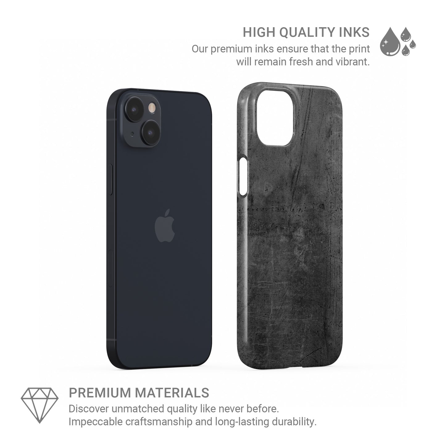 Grey concrete textured slim snap phone case with subtle industrial markings and a glossy finish