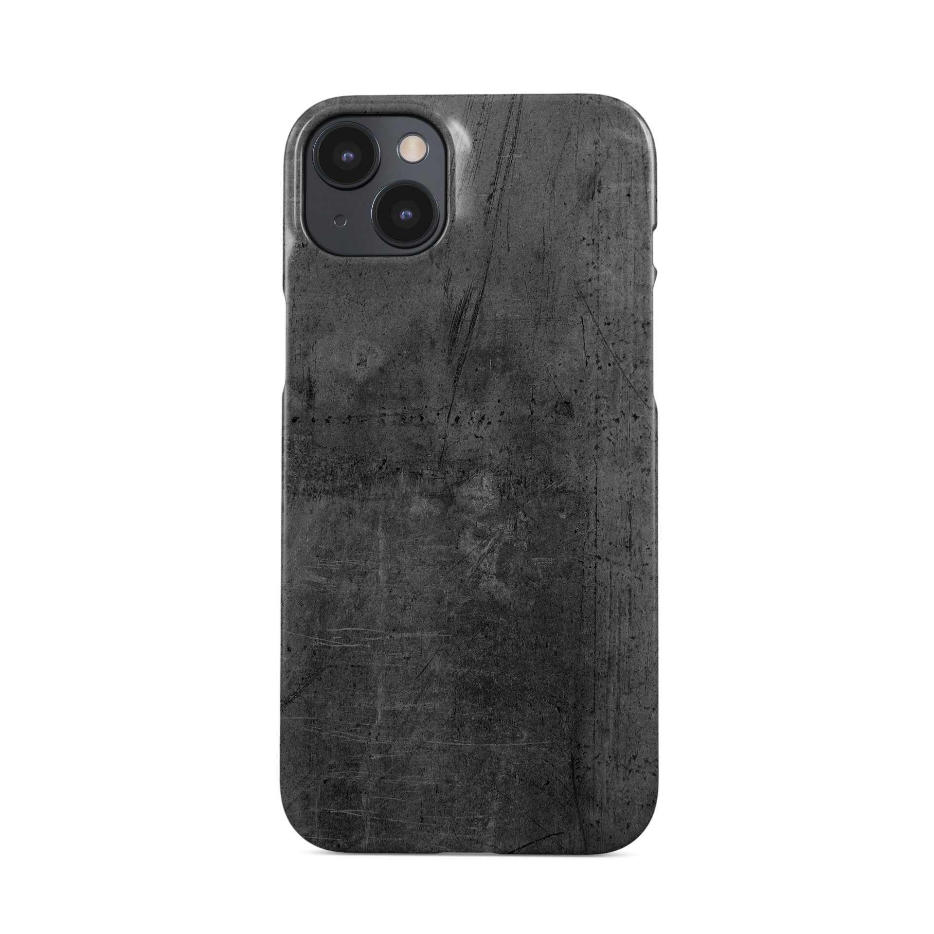 Grey concrete textured slim snap phone case with subtle industrial markings and a glossy finish
