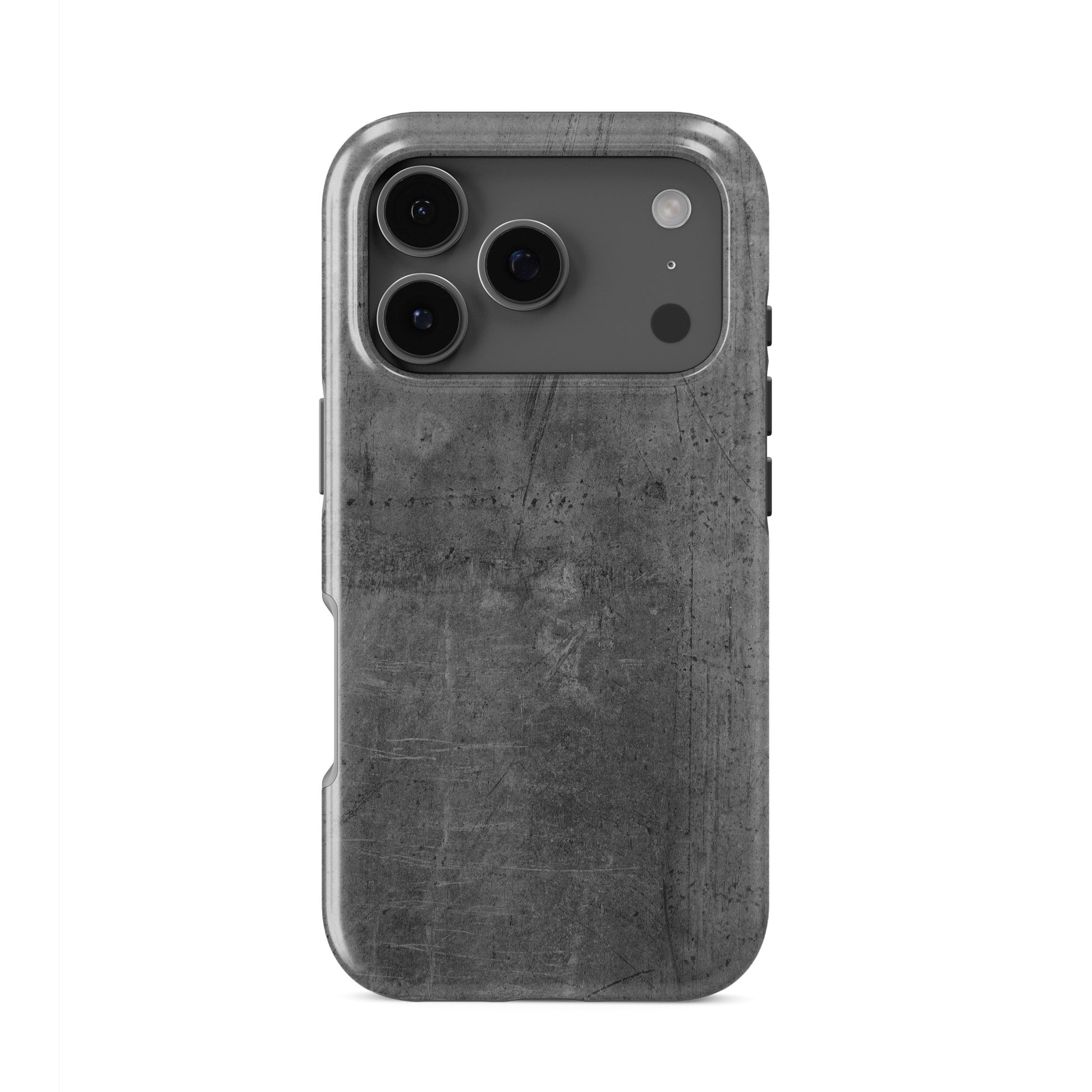 Grey concrete textured tough phone case with subtle scratches and a clean industrial finish
