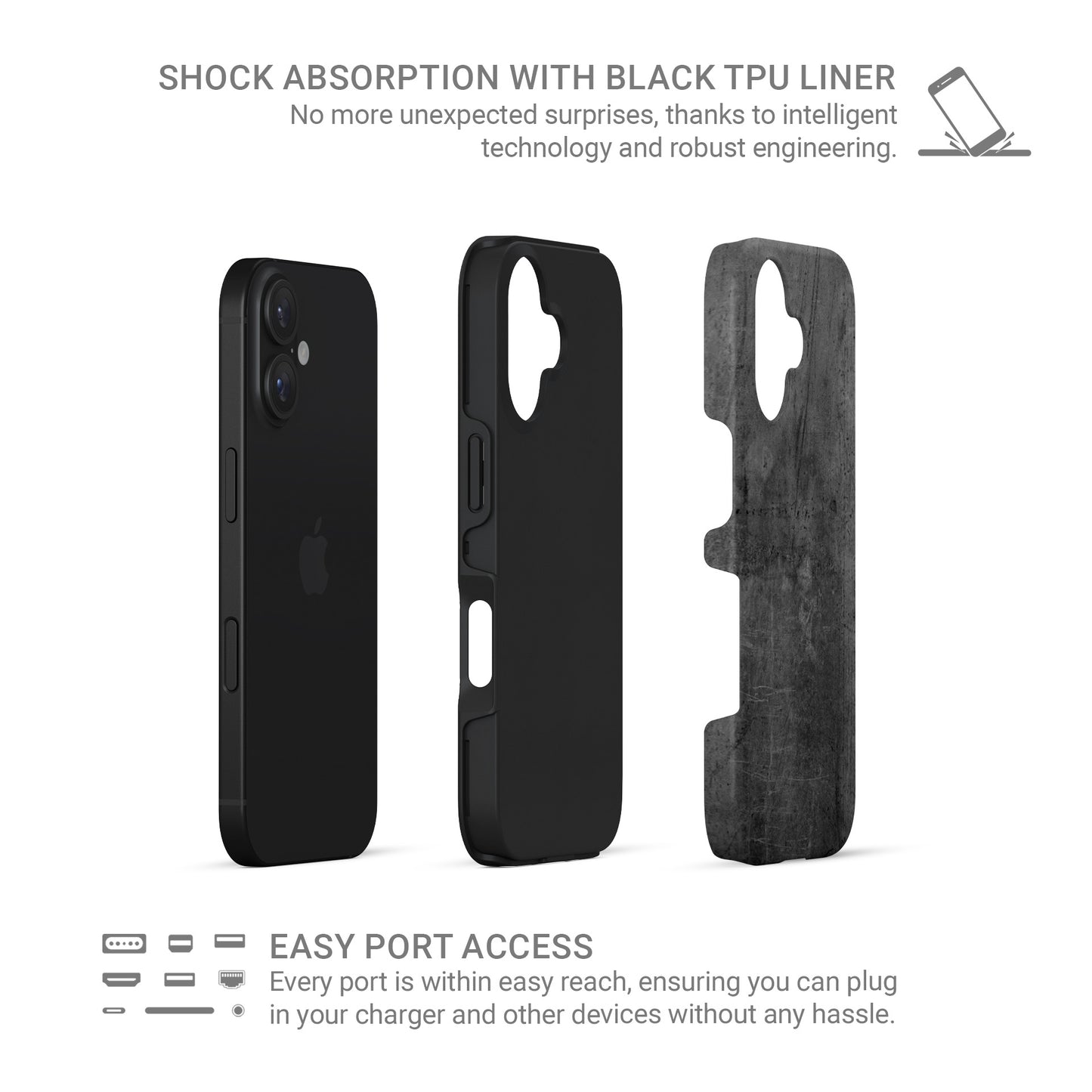 Grey concrete textured tough phone case with subtle scratches and a clean industrial finish