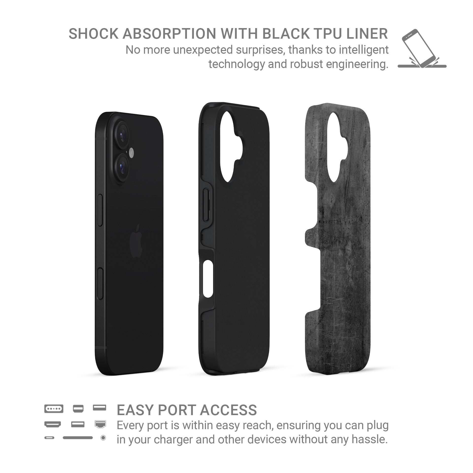 Grey concrete textured tough phone case with subtle scratches and a clean industrial finish