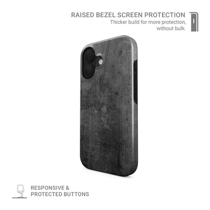 Grey concrete textured tough phone case with subtle scratches and a clean industrial finish