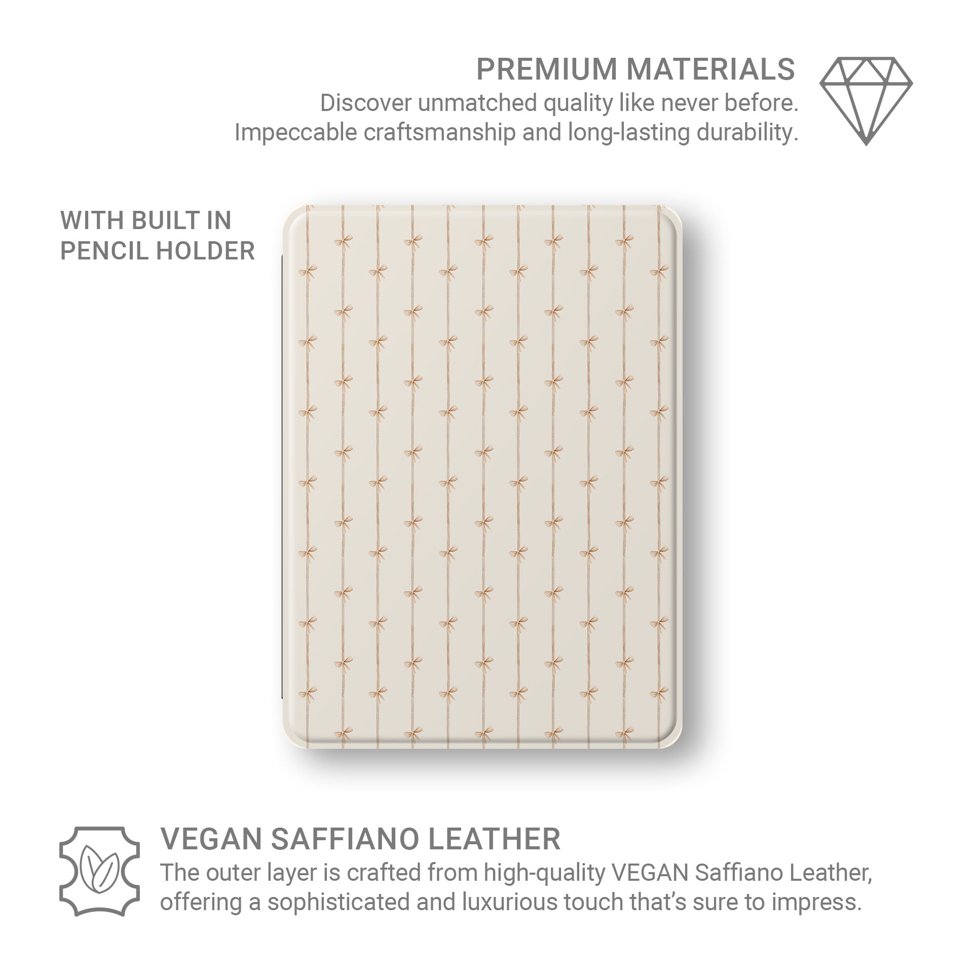 Durable iPad case with chic ribbon bow artwork and pencil holder slot