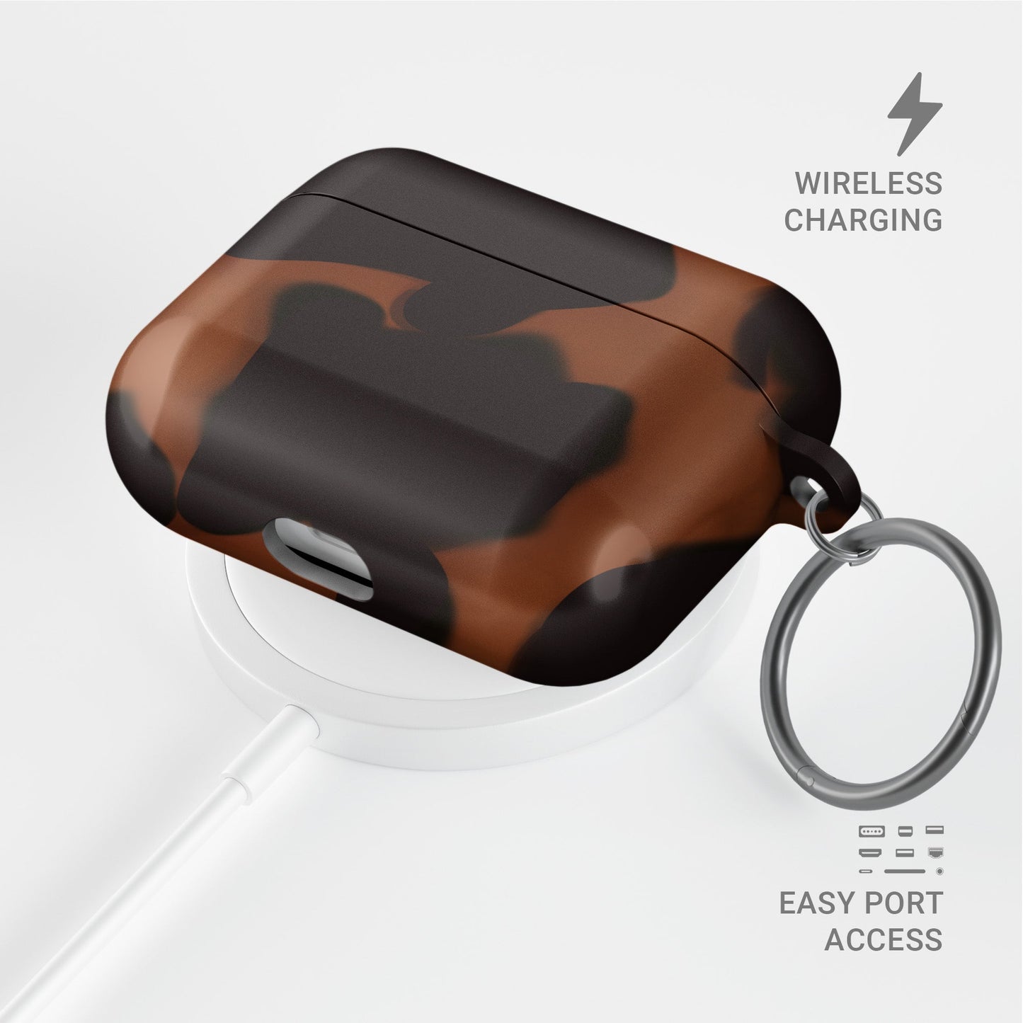 Amber Eclipse AirPods tough case with tortoiseshell pattern, dual layer design, and glossy finish for everyday protection.