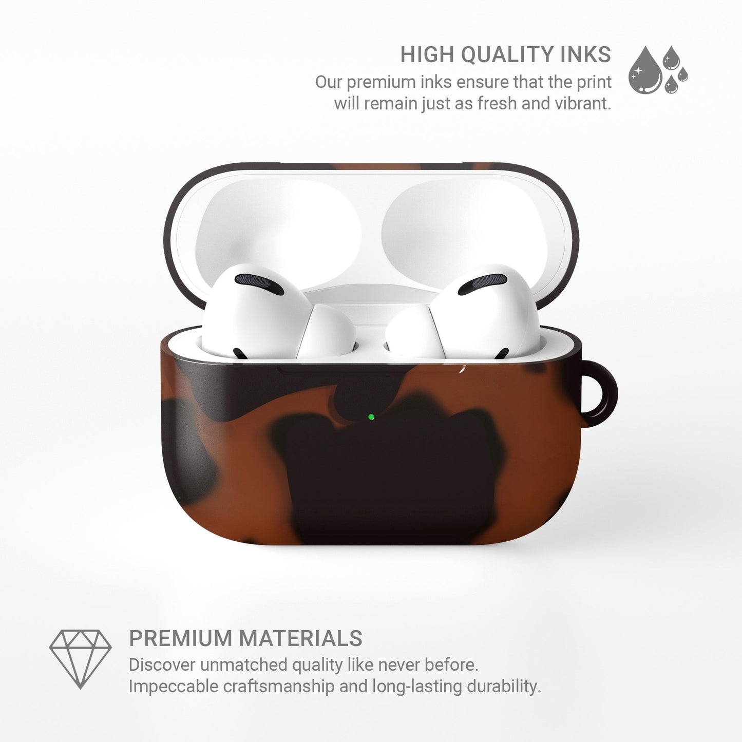 Amber Eclipse AirPods tough case with tortoiseshell pattern, dual layer design, and glossy finish for everyday protection.
