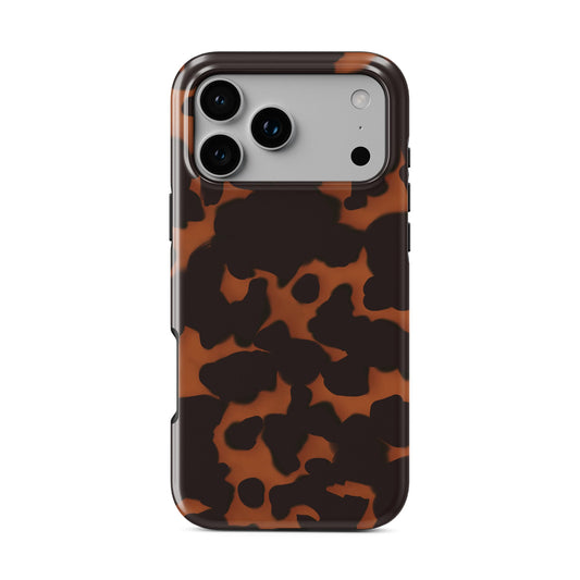Amber Eclipse MagSafe tough phone case with tortoise shell pattern, dual layer build, and magnetic charging compatibility.