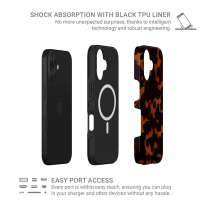 Amber Eclipse MagSafe tough phone case with tortoise shell pattern, dual layer build, and magnetic charging compatibility.