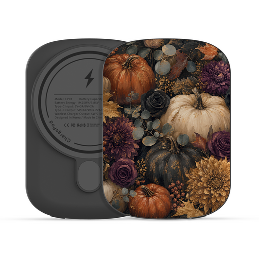 Autumn Garden power bank with cream pumpkins, burgundy flowers and trailing foliage on a dark botanical background.