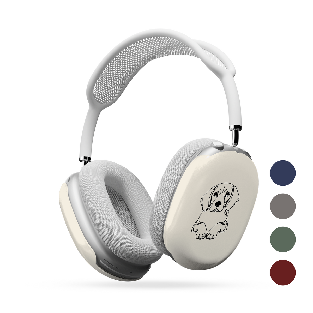 Cream AirPods Max ear-cup cover with black Beagle line art, floppy ears and paws.
