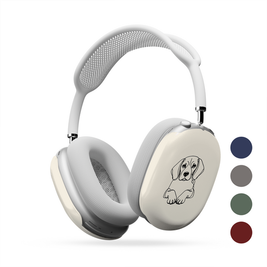 Cream AirPods Max ear-cup cover with black Beagle line art, floppy ears and paws.