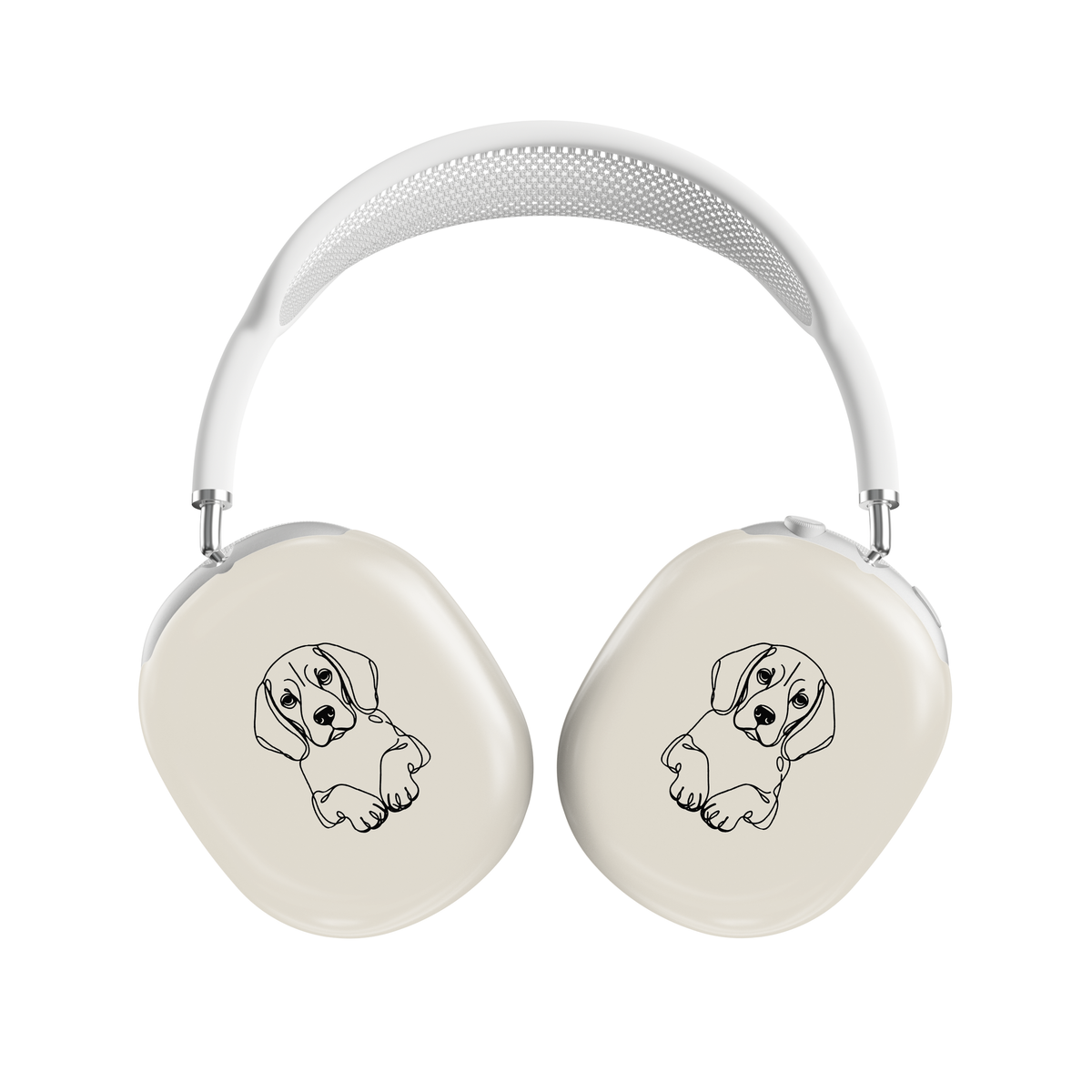 Sage Green AirPods Max ear-cup cover with pale Beagle line art, floppy ears and paws.