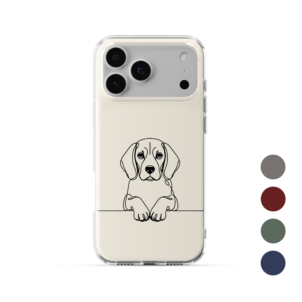 Clear phone case with Beagle line art, floppy ears and paws peeking over a fine horizontal line.