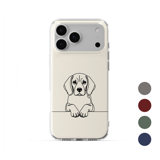 Clear phone case with Beagle line art, floppy ears and paws peeking over a fine horizontal line.