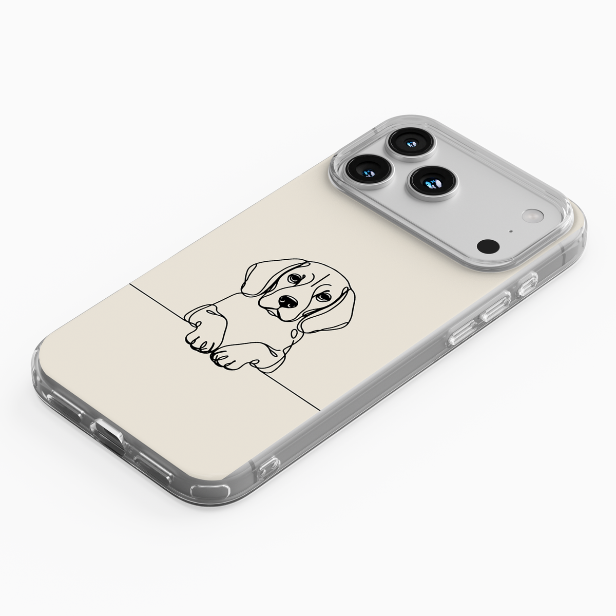 Clear phone case featuring a minimalist Beagle line art portrait with floppy ears and paws.