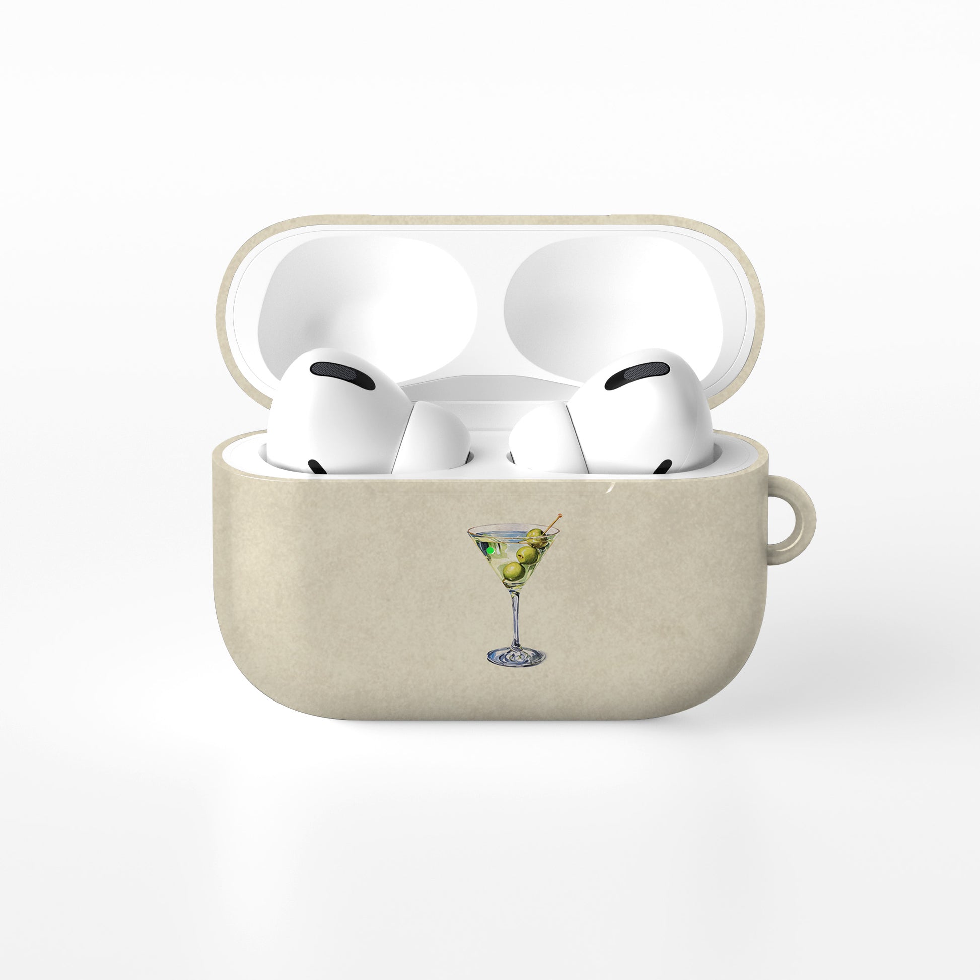Cream and green martini airpods case with olive cocktail illustration aesthetic neutral design