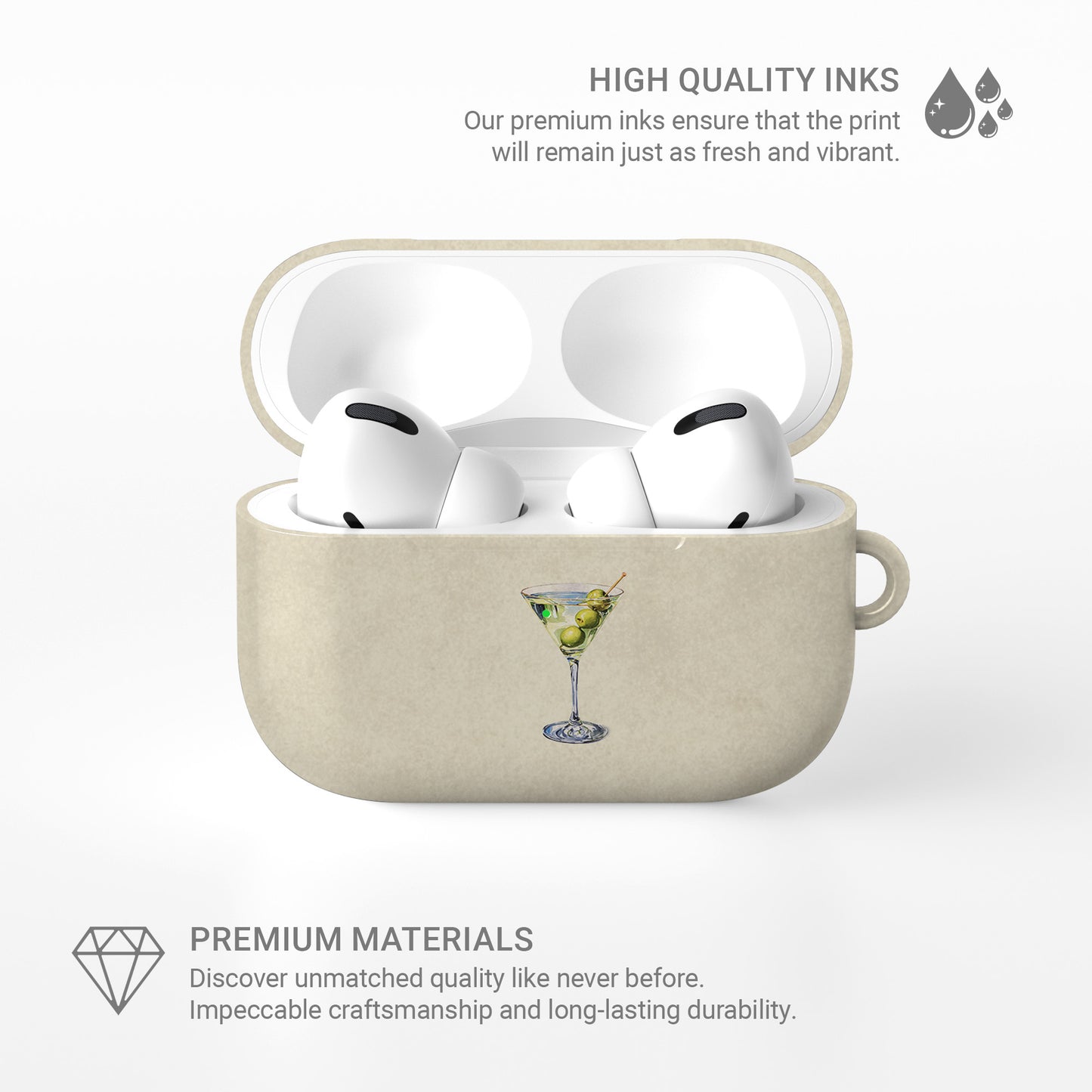 Cream and green martini airpods case with olive cocktail illustration aesthetic neutral design