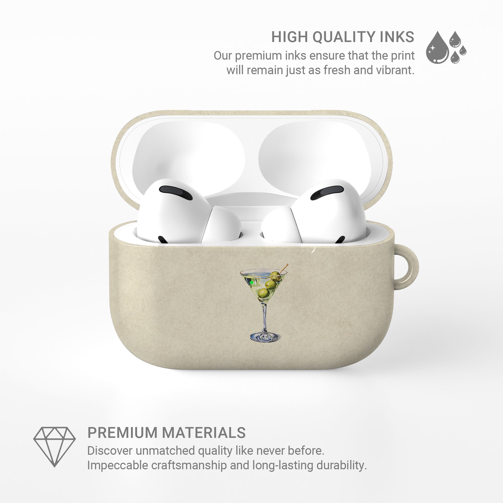 Cream and green martini airpods case with olive cocktail illustration aesthetic neutral design
