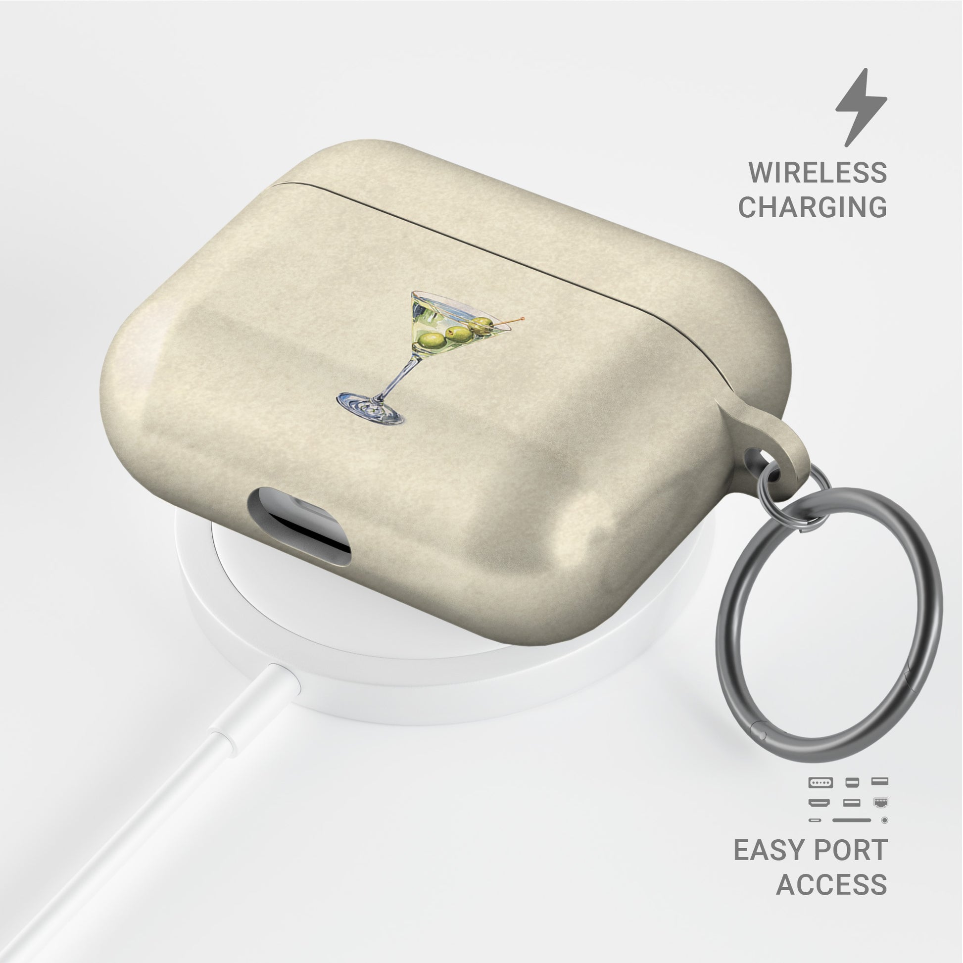 Cream and green martini airpods case with olive cocktail illustration aesthetic neutral design