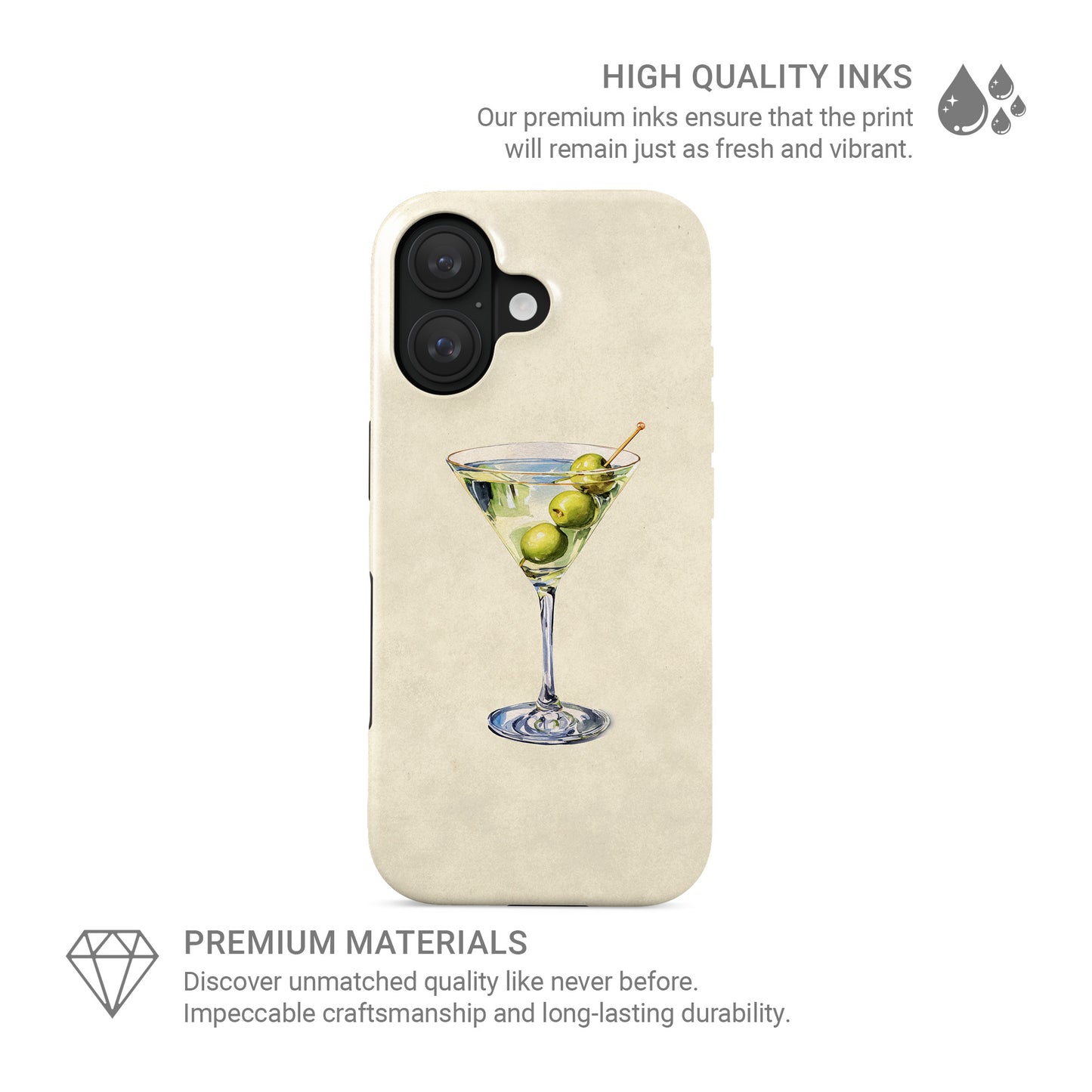 martini phone case with olives on neutral background aesthetic magsafe tough iphone case