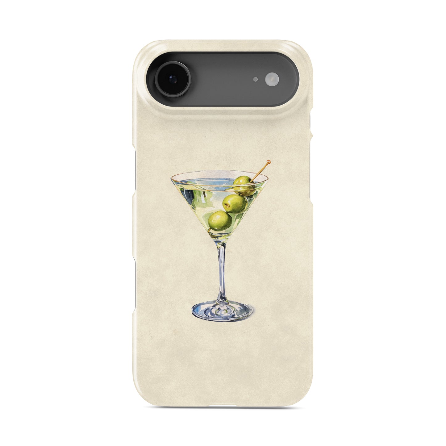 martini protective iphone case with olive cocktail illustration in soft neutral watercolour aesthetic