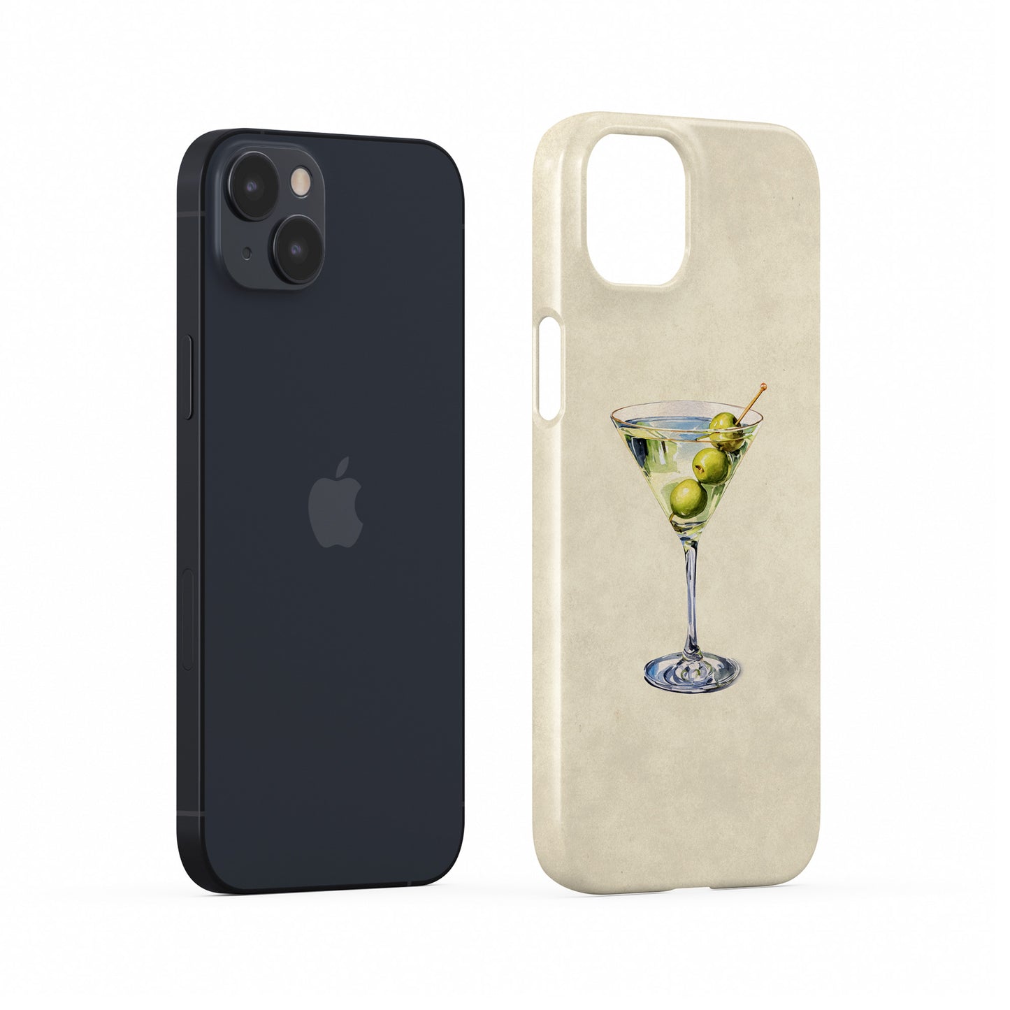 martini protective iphone case with olive cocktail illustration in soft neutral watercolour aesthetic