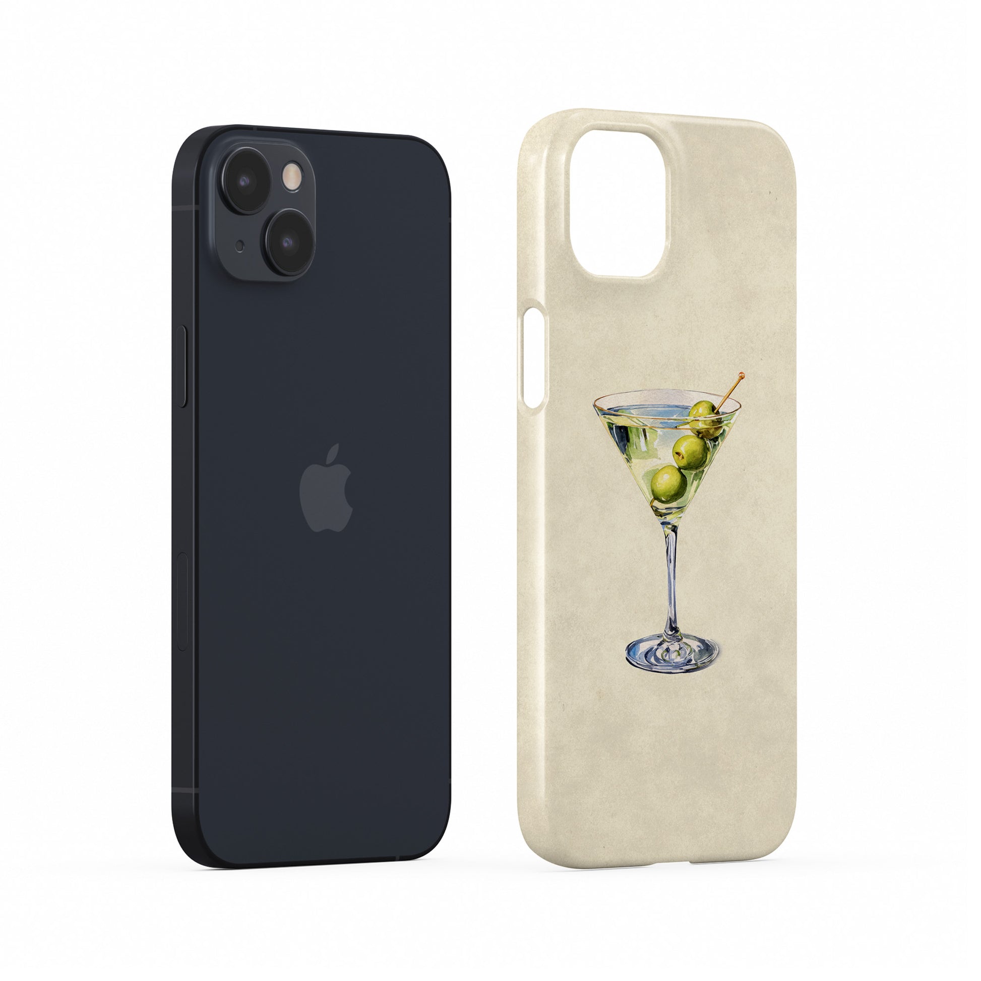 martini protective iphone case with olive cocktail illustration in soft neutral watercolour aesthetic