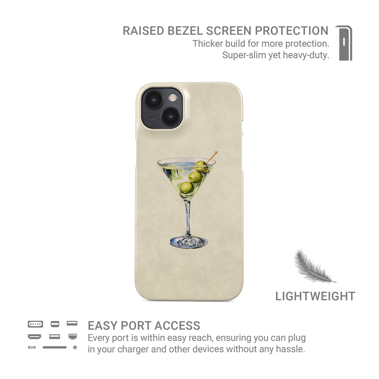 martini protective iphone case with olive cocktail illustration in soft neutral watercolour aesthetic